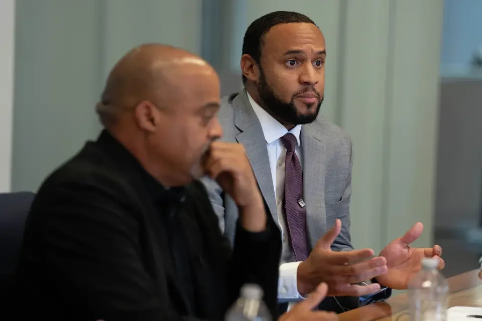  Candidate Jordan Thomas talks with the Editorial Board as he and three other candidates for the Houston City Council At Large 4 seat talk about their positions at the Houston Chronicle in Houston, TX on Friday October 3, 2025.  Sharon Steinmann/Hous