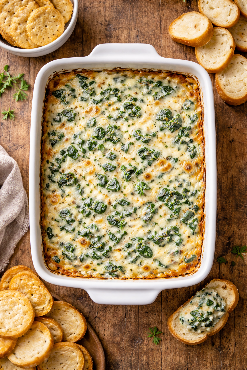Creamy baked spinach dip with melted cheese and spinach served with crackers and toasted bread
