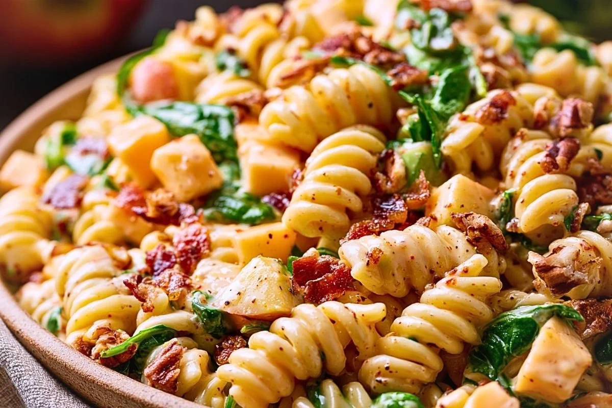 Fall harvest pasta salad with rotini, diced Honeycrisp apple, smoked Gouda cubes, crispy bacon, and toasted pecans