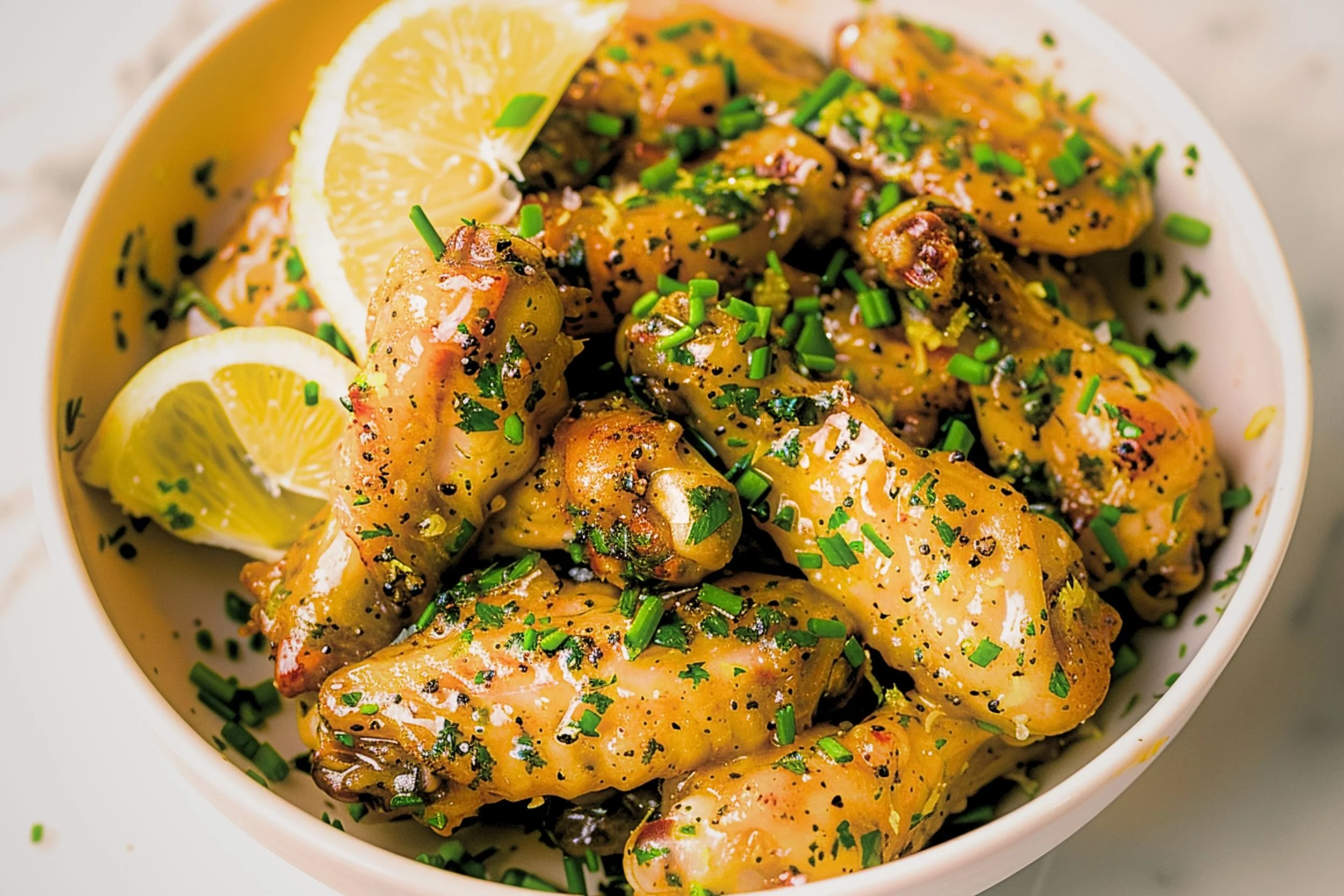 Overhead view of crispy lemon pepper chicken wings with fresh lemon and herbs — oven-baked, buttery, bright