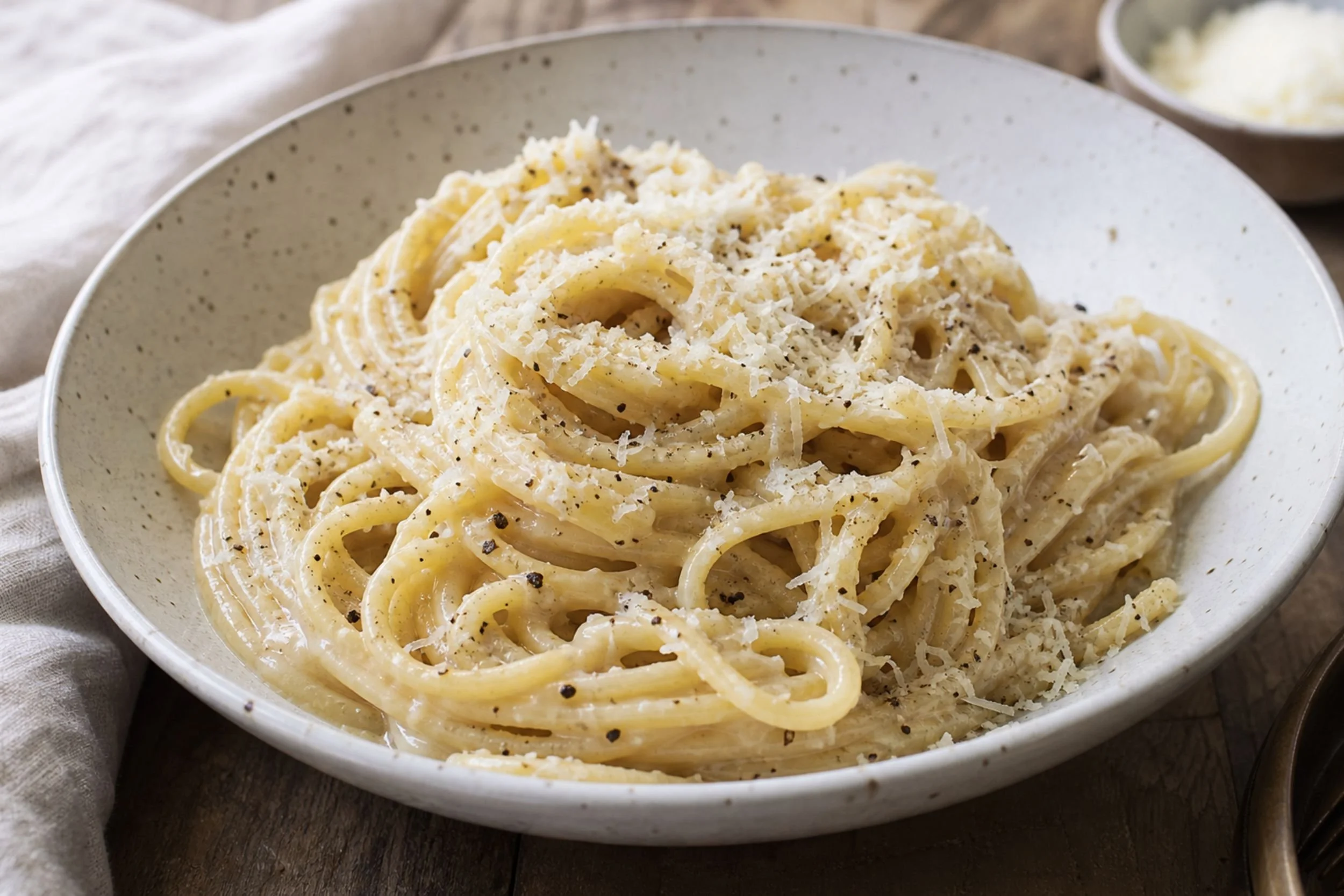 Bowl of spaghetti cacio e pepe topped with freshly grated pecorino and cracked black pepper