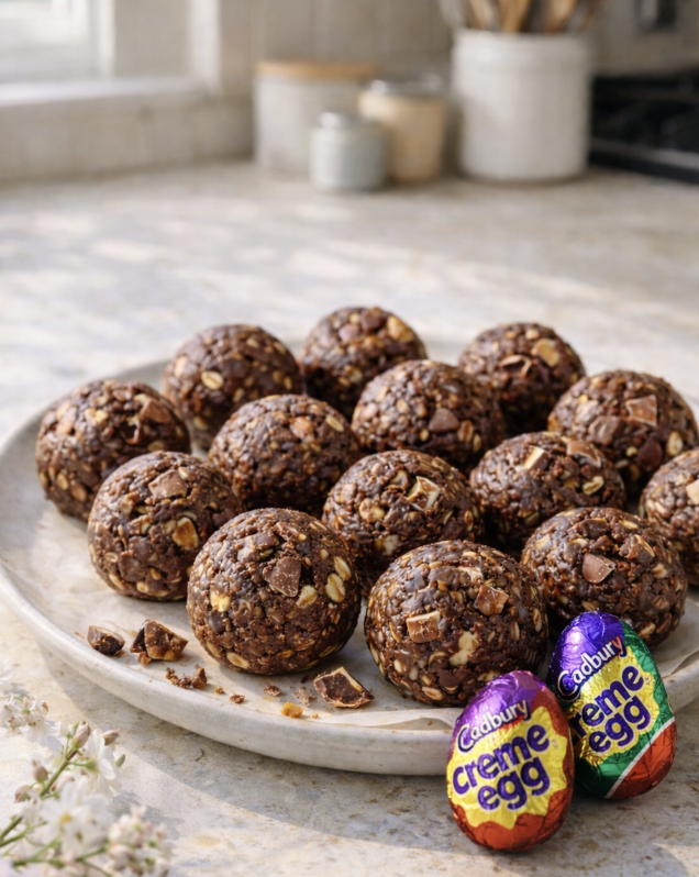 Cadbury egg protein balls made with oats, chocolate, and chopped Cadbury Creme Eggs on a plate in a bright kitchen setting.