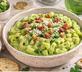 Creamy green mac and cheese made with spinach blended into the sauce and topped with bacon bits and green onions.