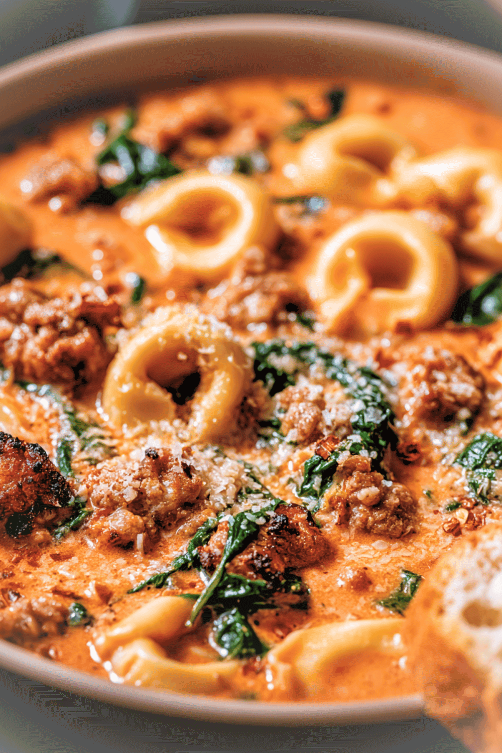 Tall pin image of crockpot sausage tortellini soup with spinach and Parmesan.