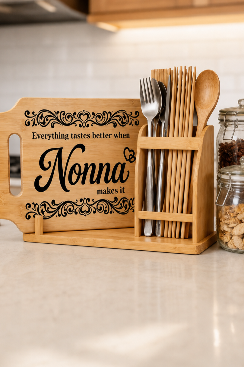 Personalized Nonna cutting board gift set with bamboo utensil holder and kitchen jars
