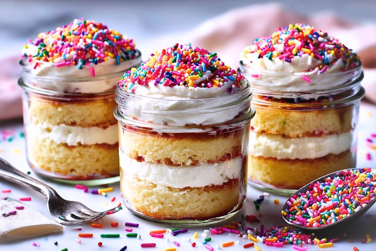 Three mini dot cakes in glass mason jars with flat vanilla buttercream tops covered in rainbow nonpareil sprinkles