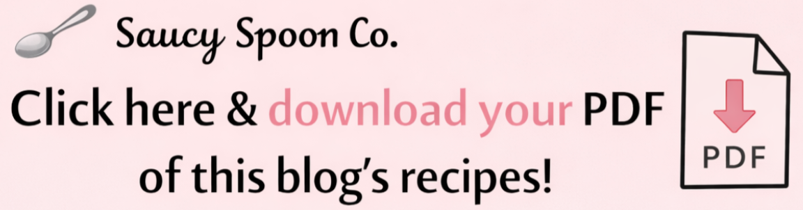 Saucy Spoon Co banner inviting readers to click and download a free printable PDF of the budget family dinner recipes from the blog.