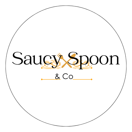 Logo for Saucy Spoon & Co, featuring stylized text and decorative orange flourish elements.