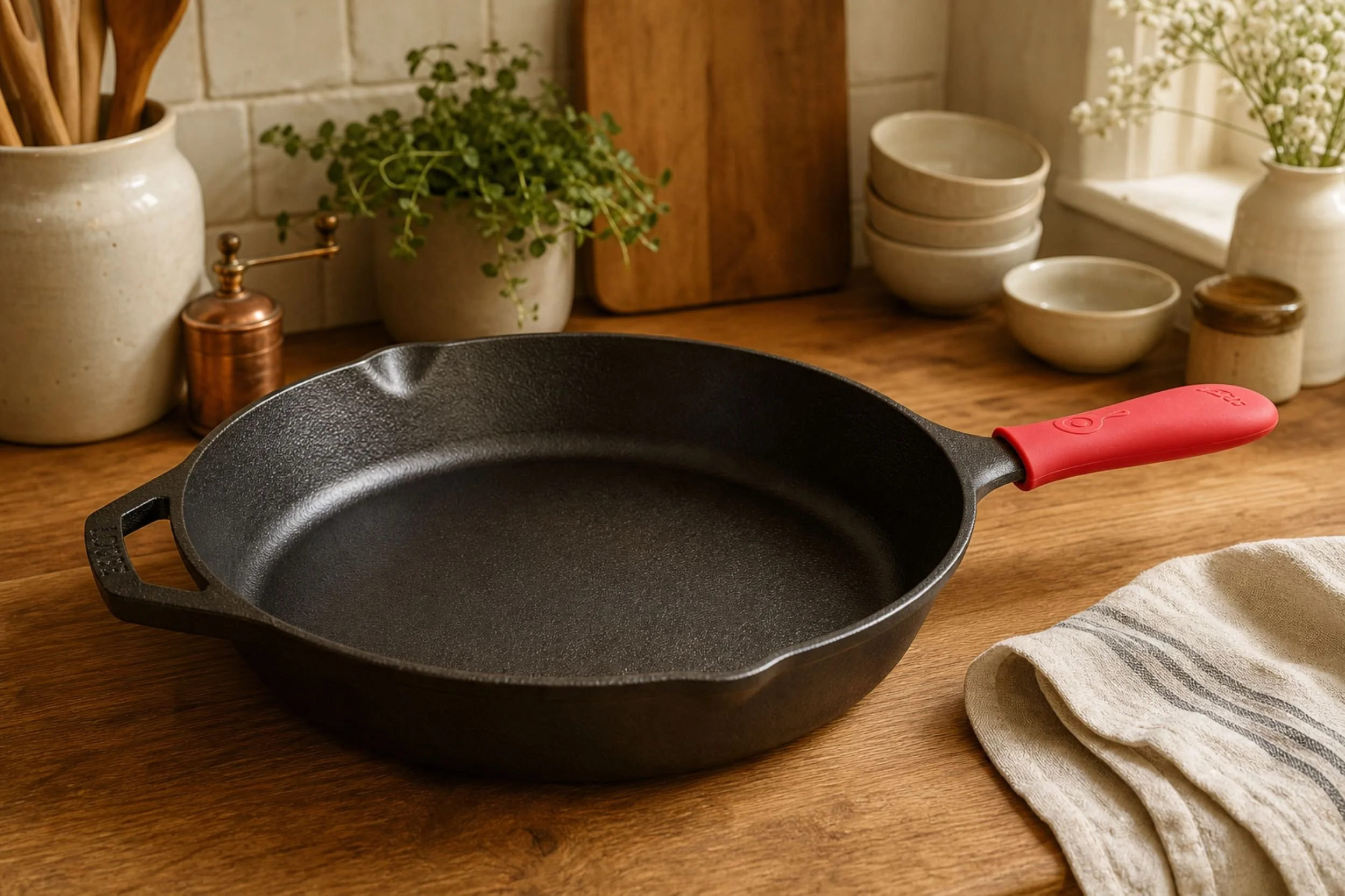 Black cast iron skillet with red silicone handle grip on a wooden kitchen counter