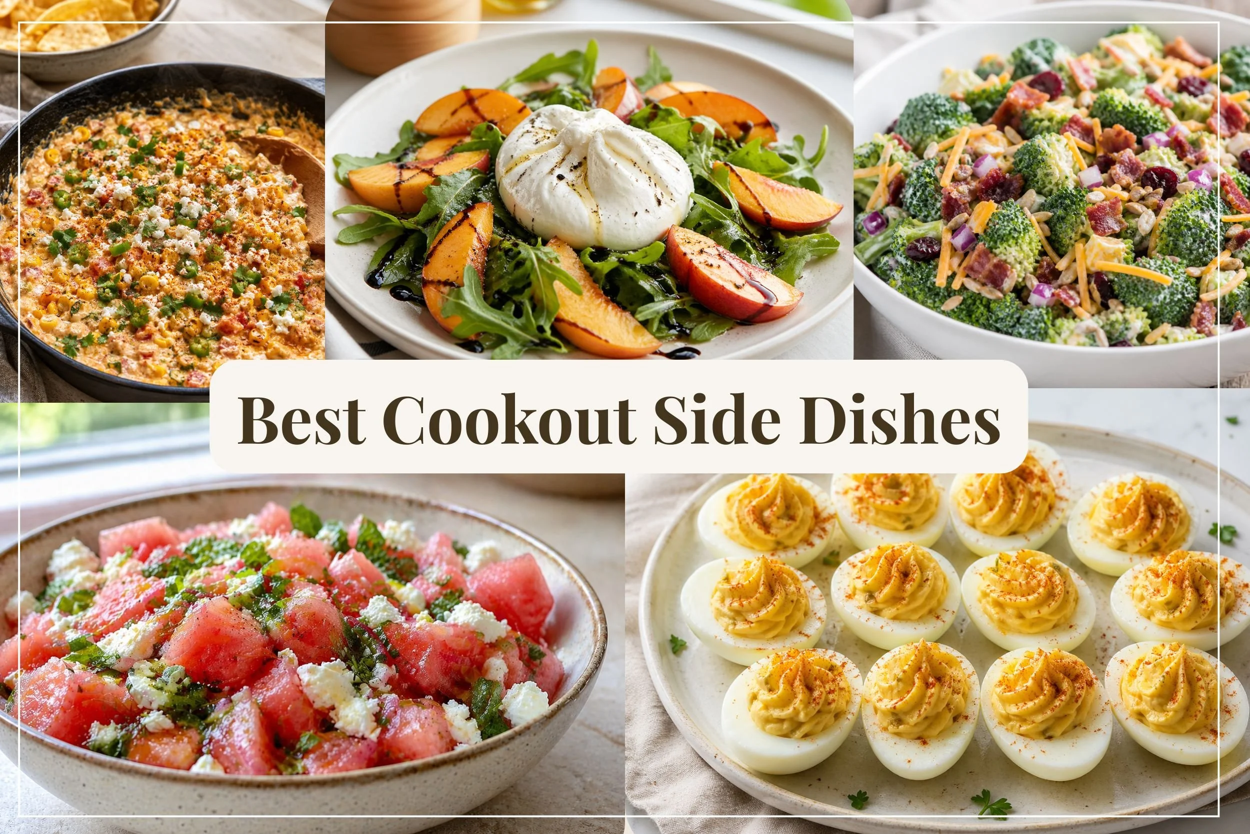 Collage of the best cookout side dishes including broccoli salad, deviled eggs, watermelon feta salad, street corn dip, and peach burrata salad