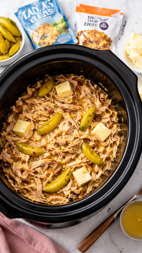 Crockpot Mississippi chicken slow cooker recipe with shredded chicken, pepperoncini peppers, butter, and ingredients arranged around the crockpot on a light kitchen counter with a pink towel.