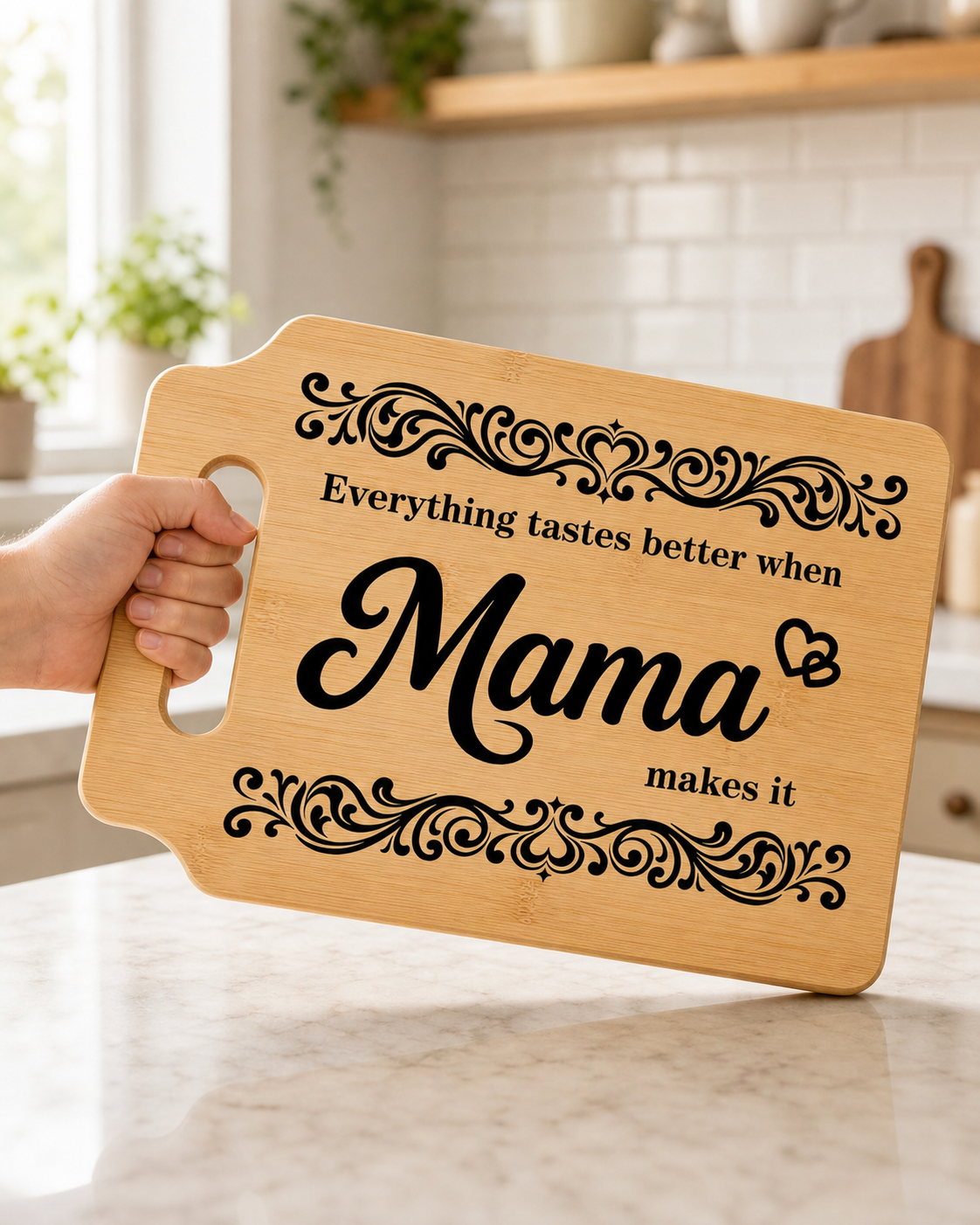 Personalized Mama cutting board gift set with bamboo utensil holder and kitchen jars