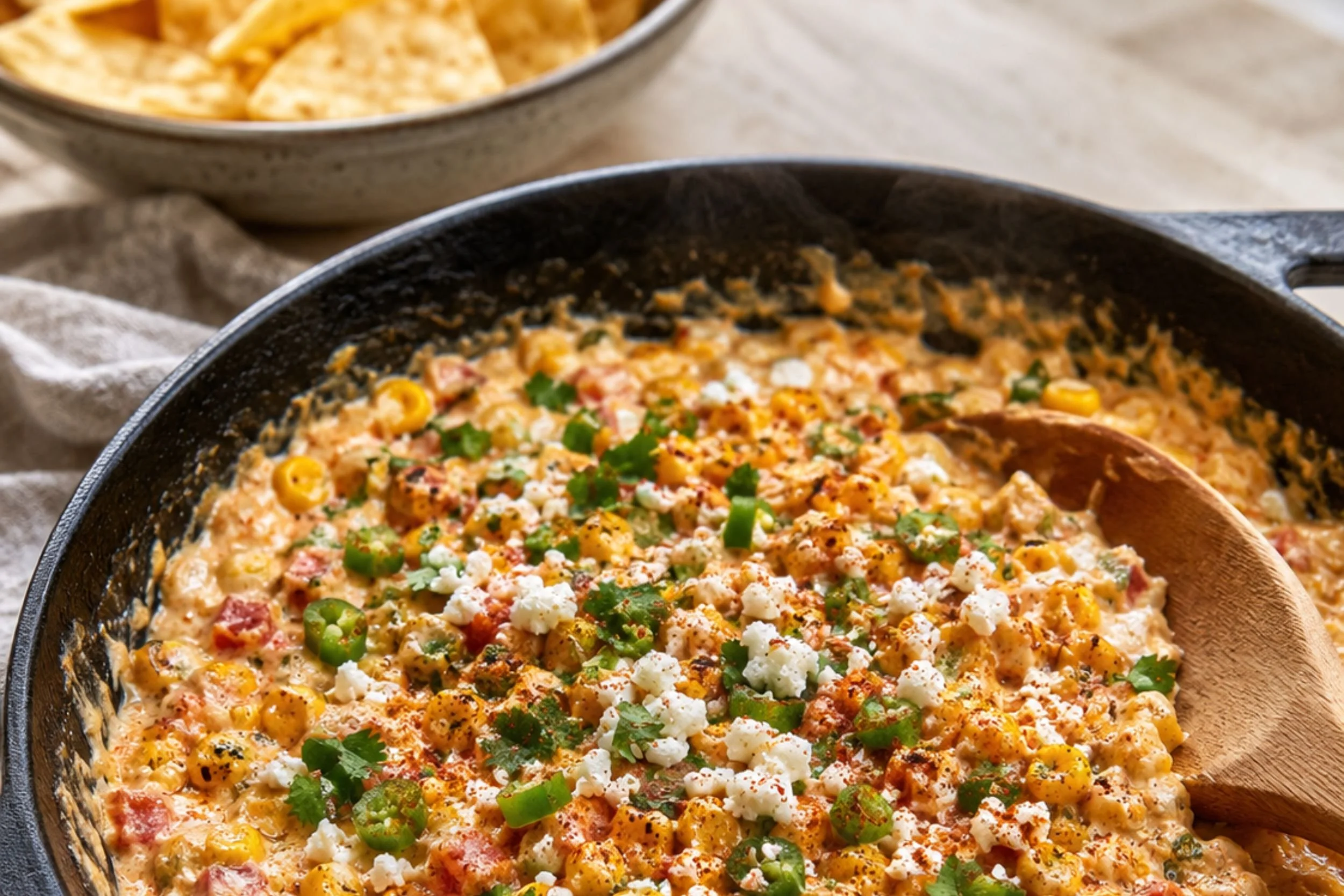 Street Corn Rotel Dip served warm in a cast iron skillet with corn, tomatoes, green chiles, cotija, cilantro, jalapeños, and tortilla chips.