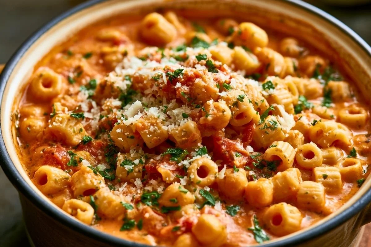 One pot of easy pasta e ceci with ditalini and chickpeas in a thick, creamy tomato broth