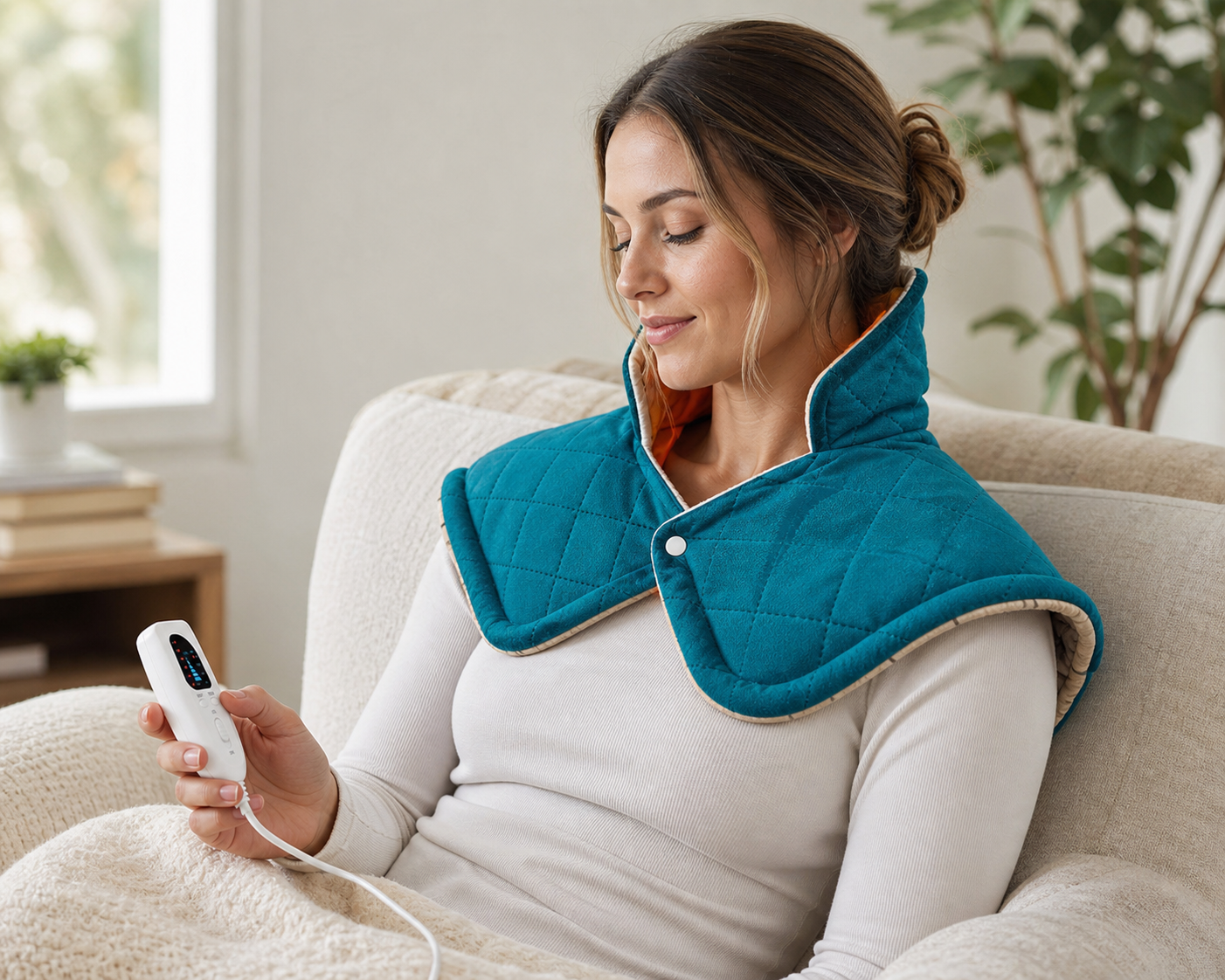 Woman using a heated neck and shoulder wrap at home