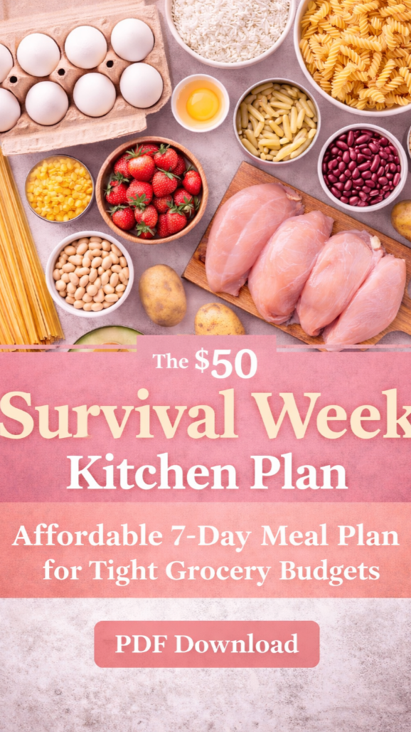 $50 Survival Week Kitchen Plan: 7 Dinners + Grocery List