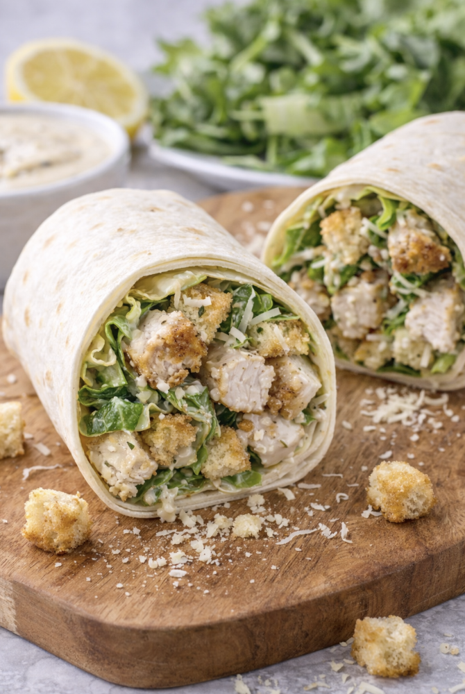 chicken caesar wrap cut in half with grilled chicken romaine lettuce parmesan cheese croutons and creamy caesar dressing in a tortilla wrap