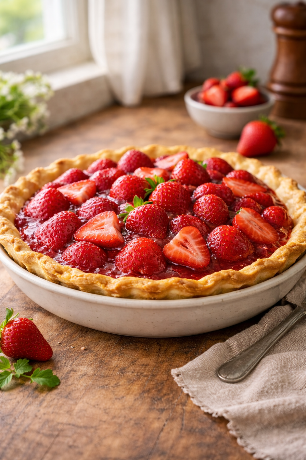 Shoney’s strawberry pie with fresh strawberries and glossy filling in a baked pie crust.
