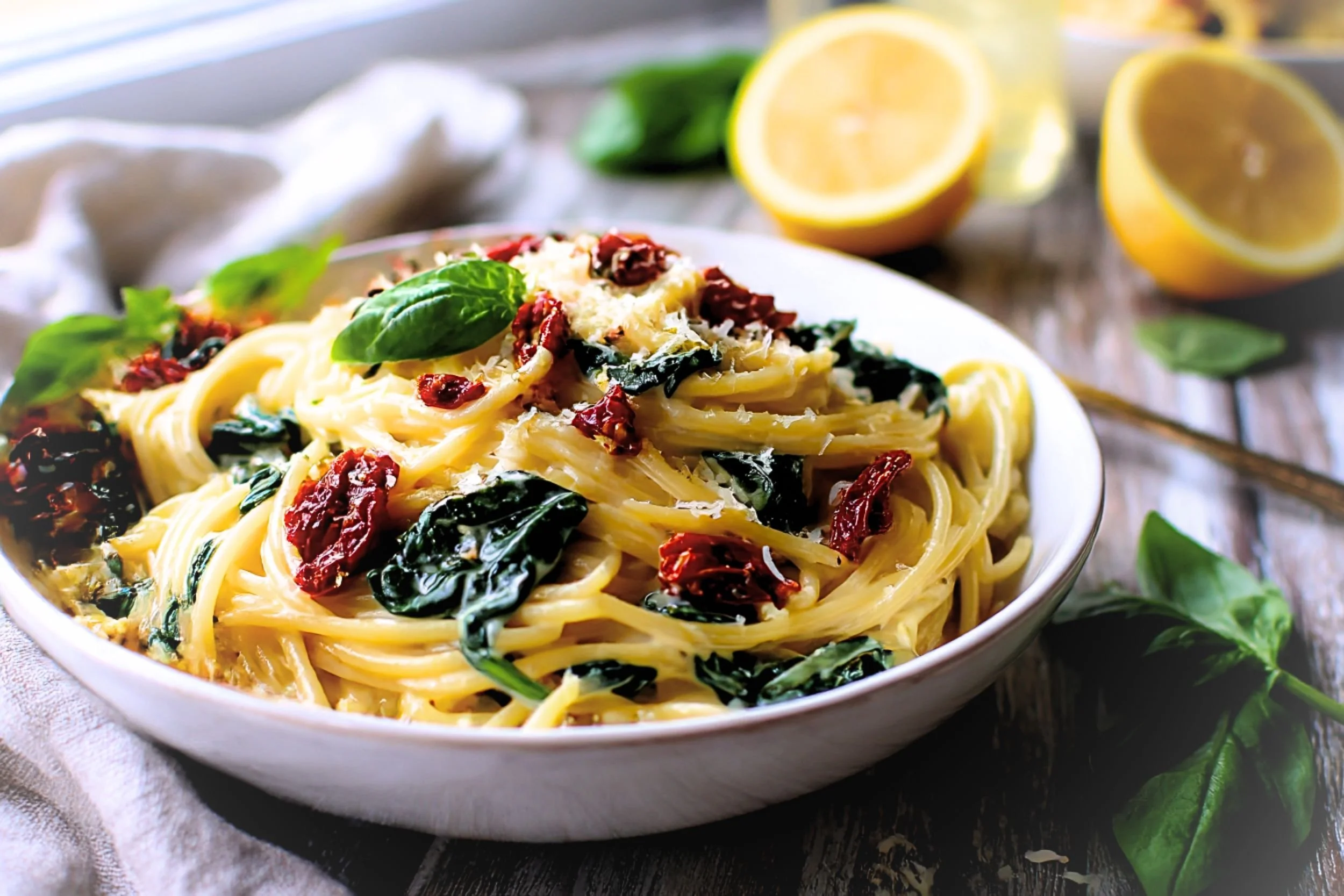 Creamy Marry Me dirty spaghetti with ground beef, sun-dried tomatoes, spinach, and Parmesan in a white skillet, easy one-pot dinner