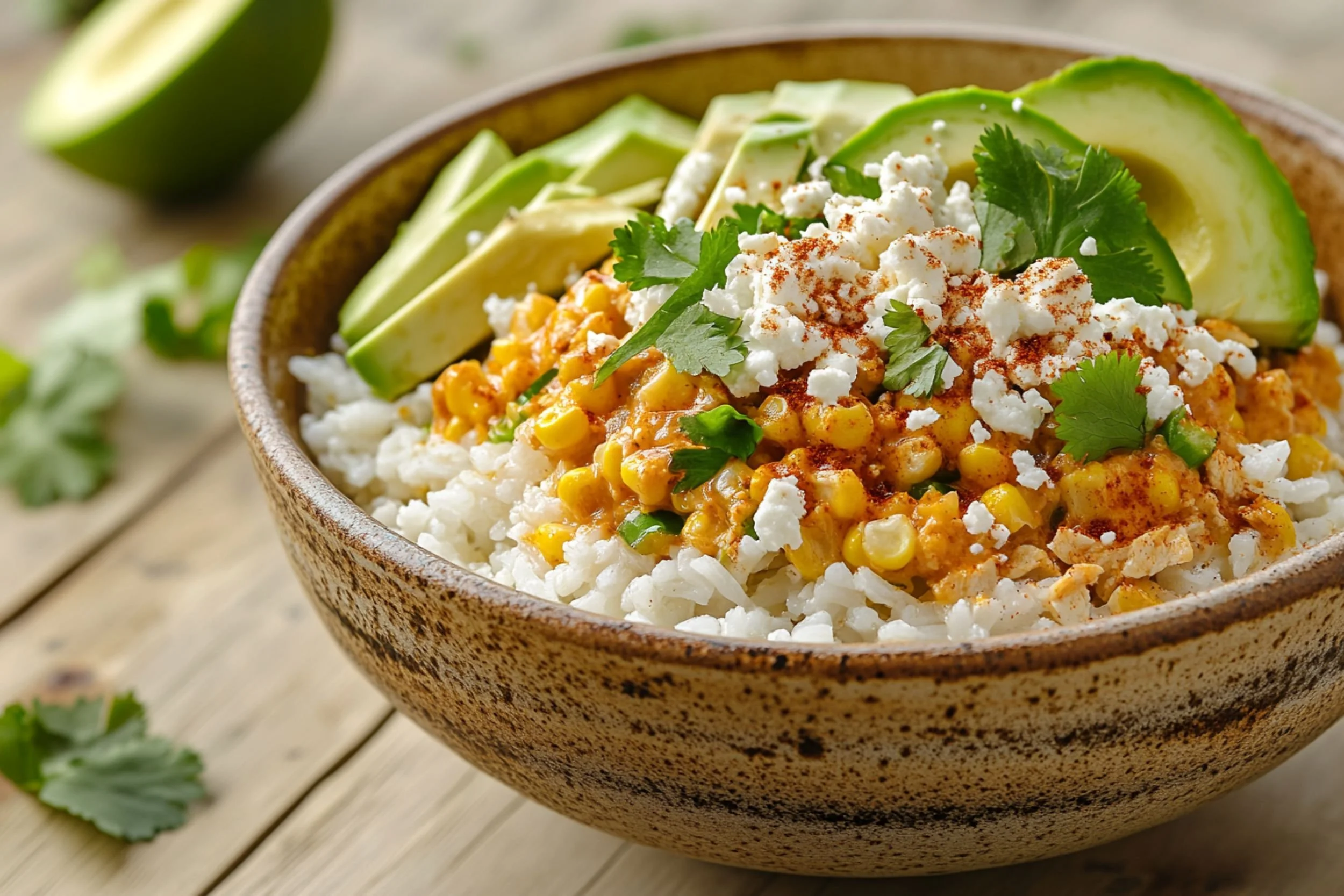 Street corn chicken bowl with rice, creamy elote corn,  crumbled cotija, avocado, and cilantro in a ceramic bowl