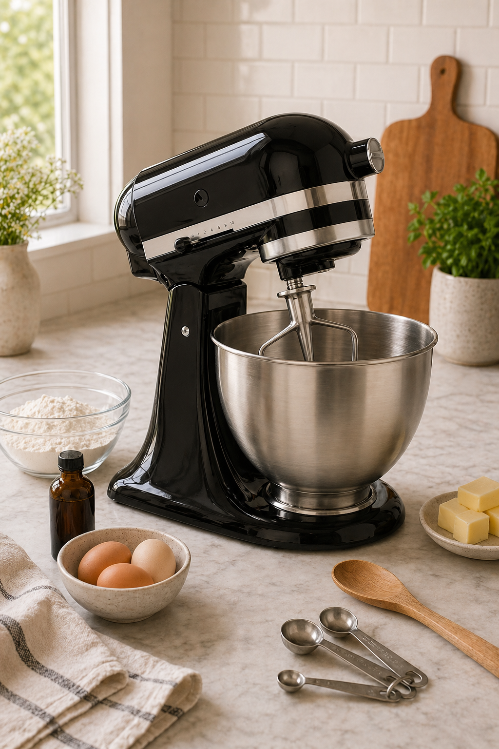 Kitchen counter with a black stand mixer, a bowl of eggs, a measuring spoon set, a wooden spoon, a bowl of flour, a small bottle of vanilla extract, cubes of butter, a dish with greenery, and a striped kitchen towel.