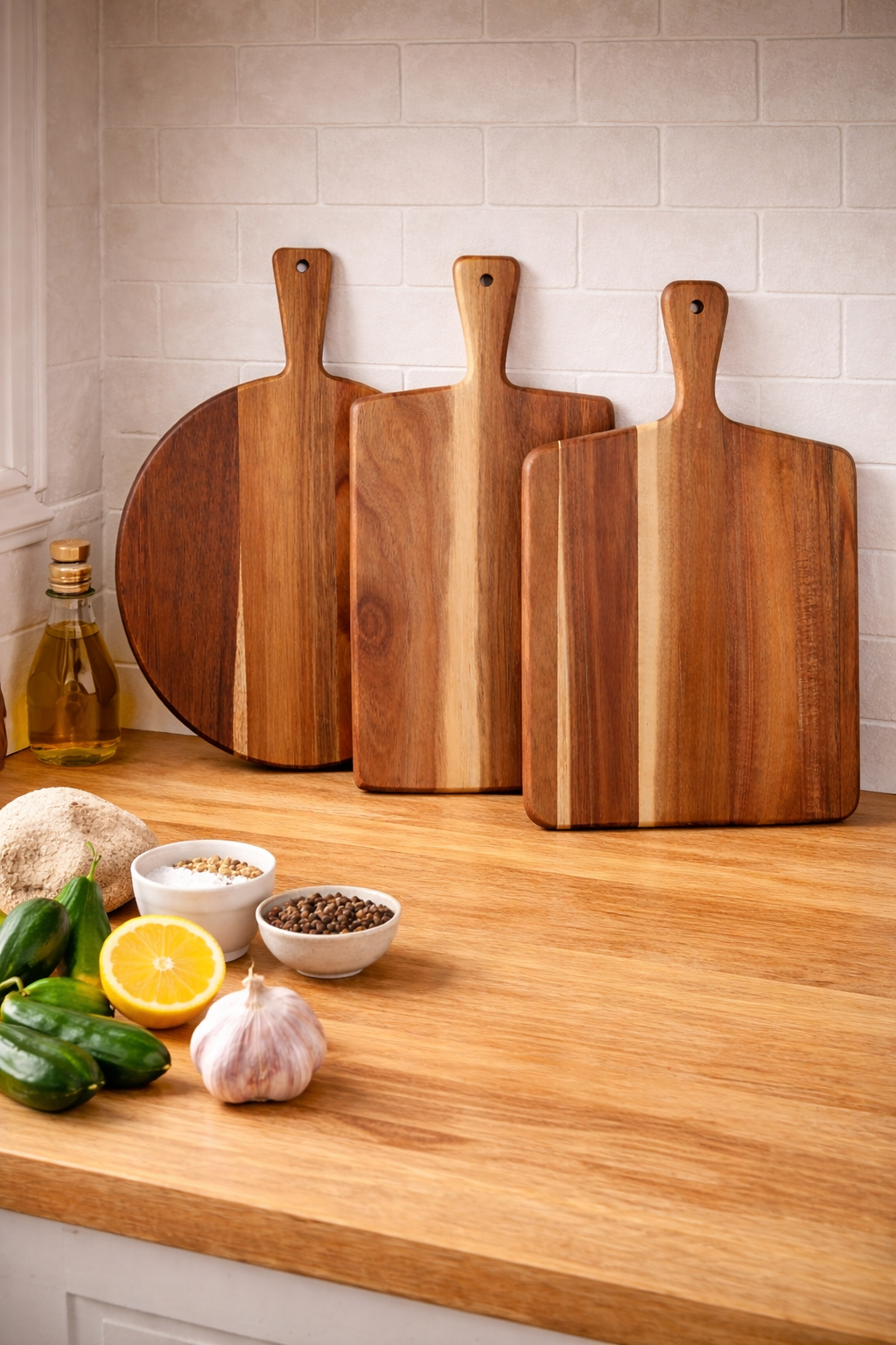 Wooden cutting boards displayed on a kitchen countertop against a white tile backsplash, creating a simple and organized prep and kitchen decor setup