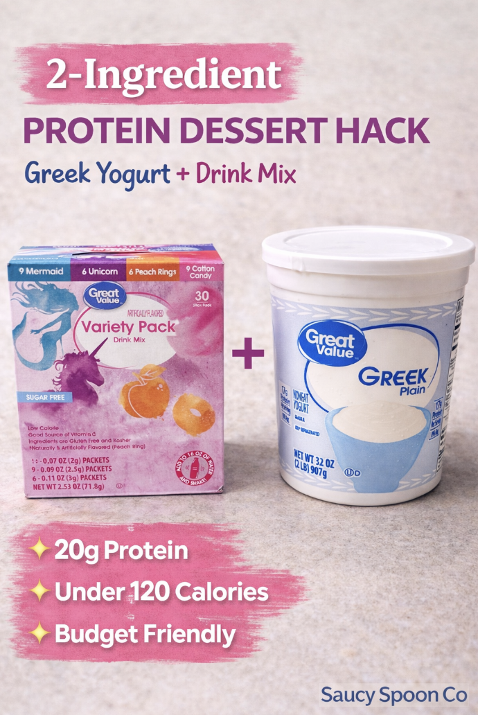 2-ingredient high-protein dessert hack made with plain Greek yogurt and sugar-free drink mix packets creating a quick low-calorie snack idea