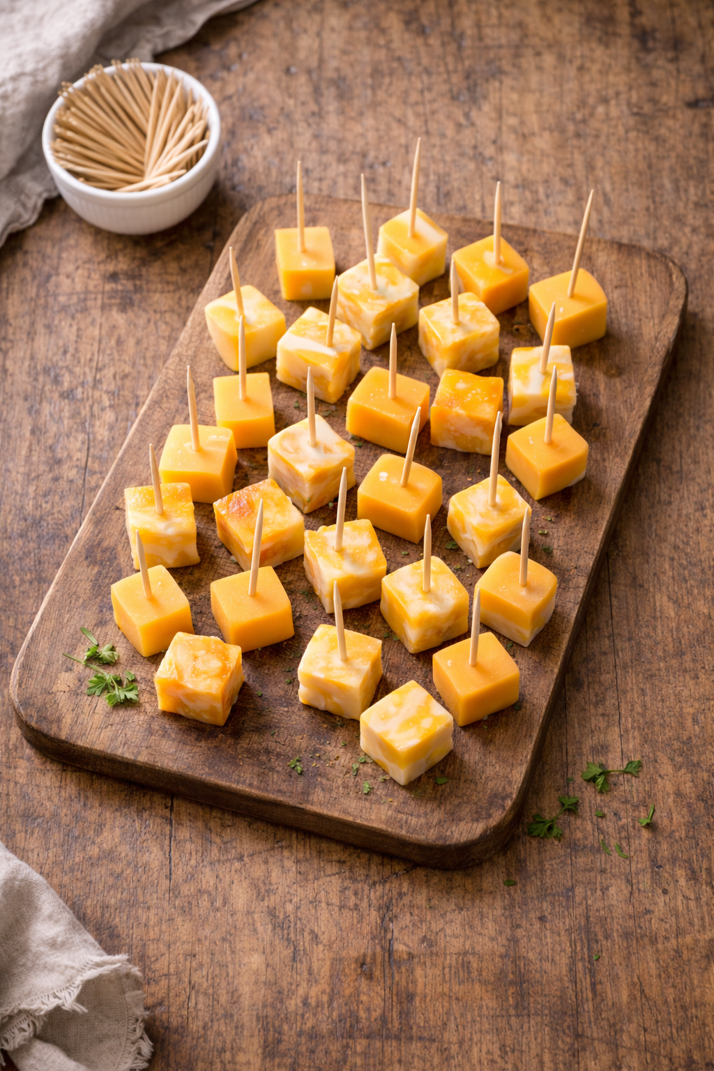 Cheese cubes with toothpicks on a rustic wooden board in a bright homemade kitchen setting