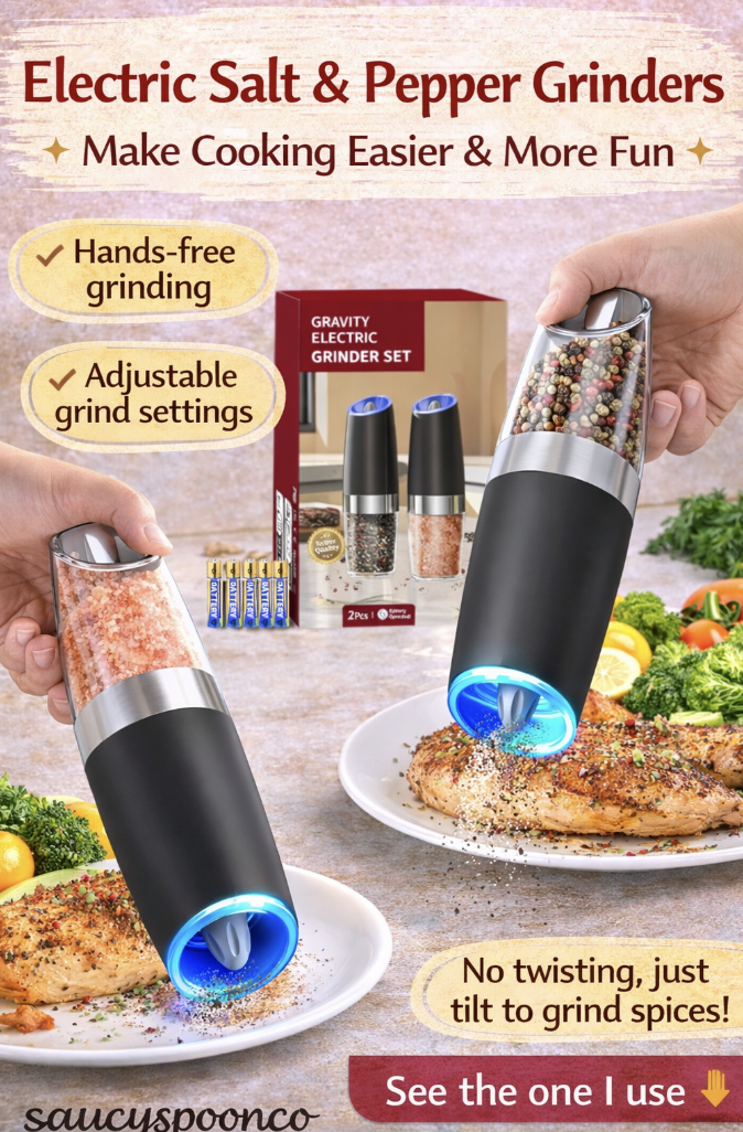 Electric salt and pepper grinders dispensing seasoning onto cooked food, showing hands-free grinding and adjustable settings for easy everyday cooking.