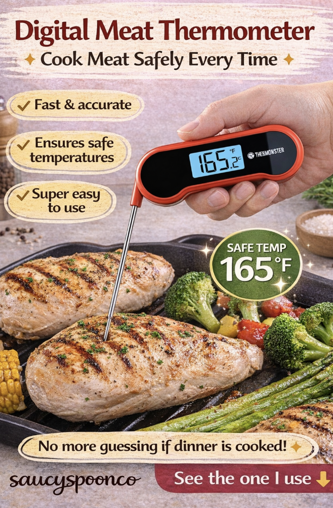Digital meat thermometer checking the internal temperature of cooked chicken at 165°F to ensure safe cooking and proper doneness.