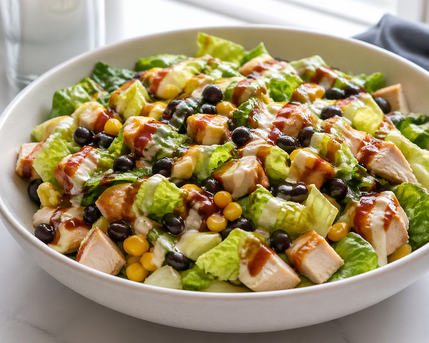 Fresh BBQ chicken salad in a white ceramic bowl with romaine lettuce, grilled chicken, sweet corn, black beans, and a light drizzle of BBQ sauce and ranch dressing in natural daylight