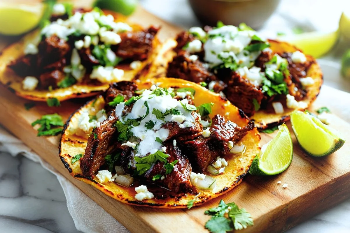 Authentic carne asada street tacos on warm corn tortillas topped with diced white onion, fresh cilantro, and lime wedges on a wooden board