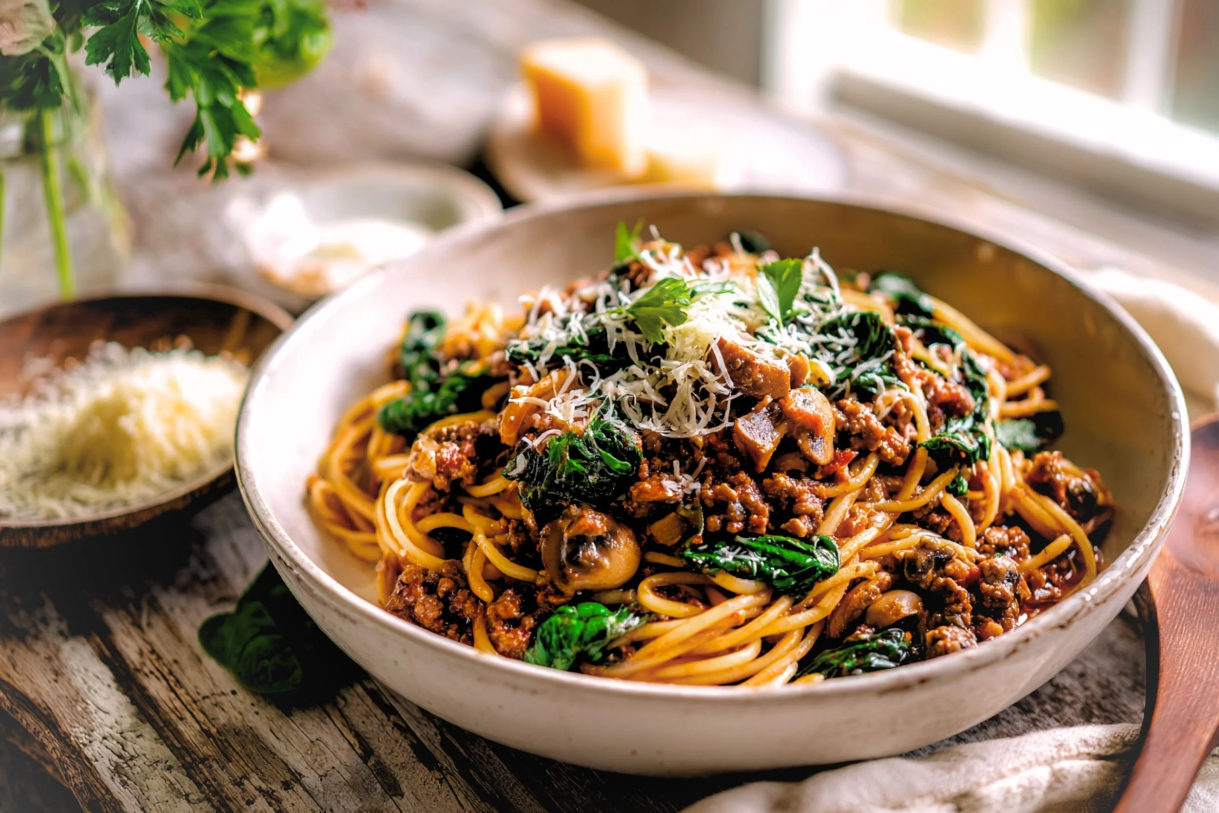 Pantry dirty spaghetti with ground beef, mushrooms, and spinach in a bowl - easy one-pot use-what-you-have dinner