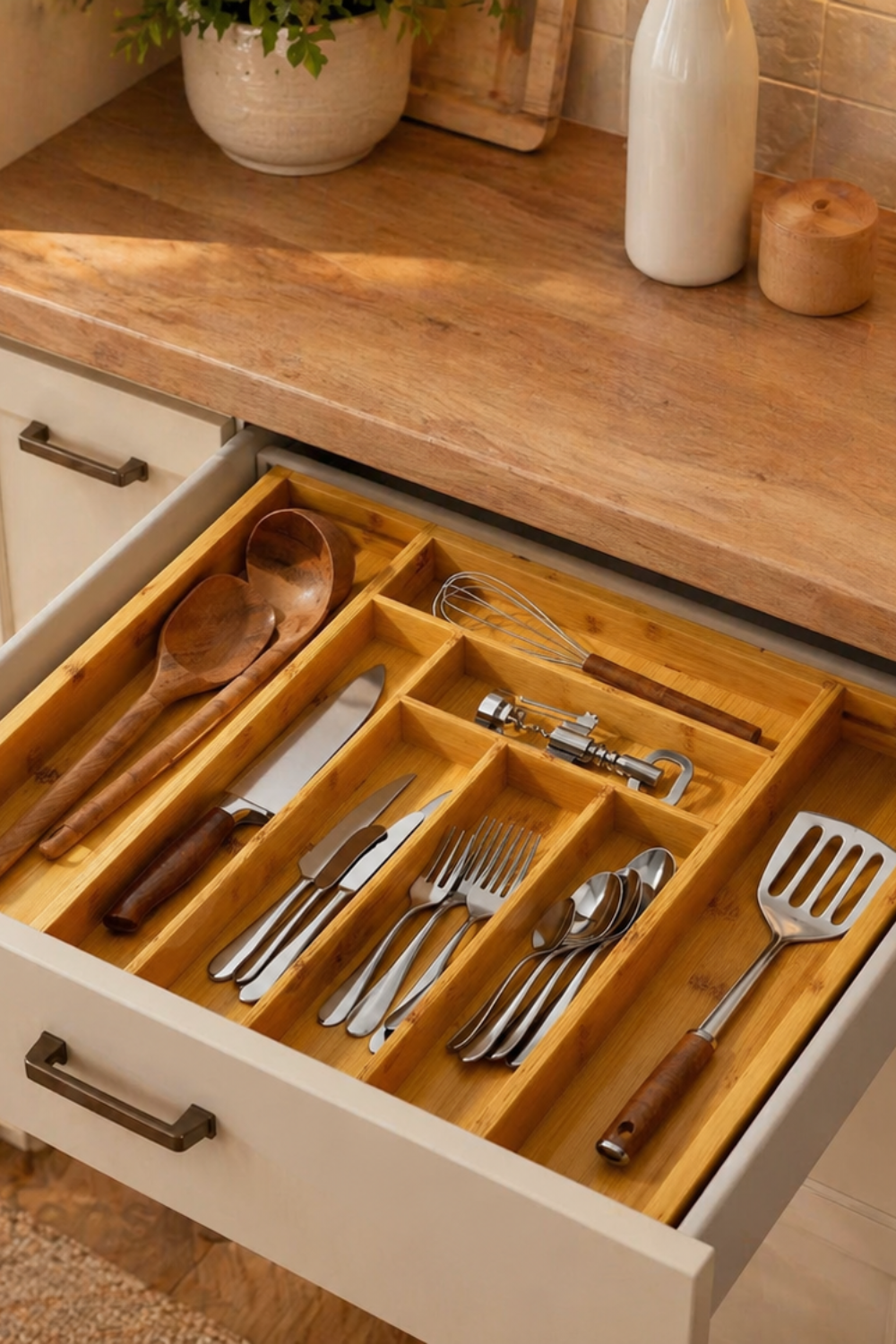 Expandable bamboo kitchen drawer organizer with divided compartments for utensils, silverware, knives, cooking tools, and everyday kitchen essentials.