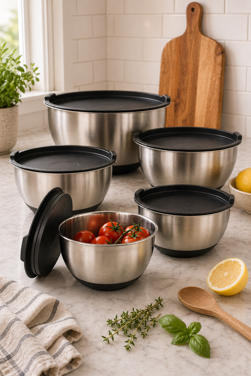 Stainless steel mixing bowls with black lids and non-slip bases on a bright kitchen counter