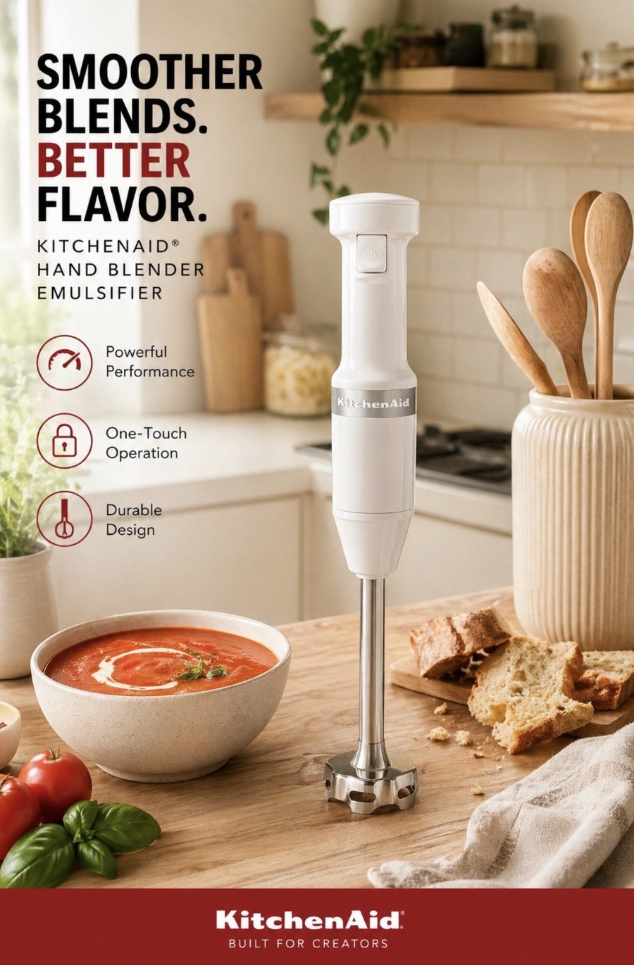 kitchen aid hand blender and emulsifier, a must have for homemade dips, sauces, and dressings - in a cozy kitchen setting