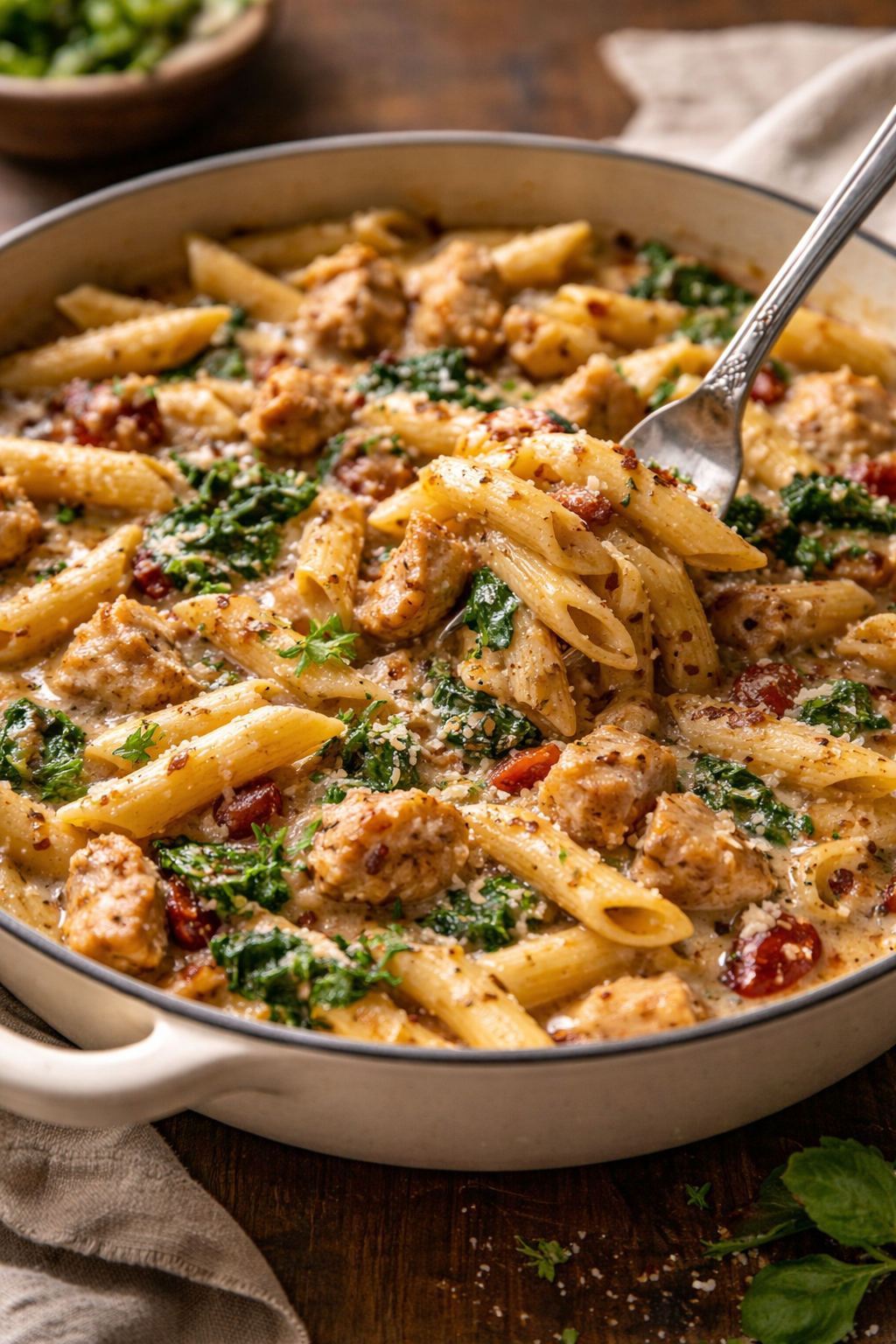 Ultra realistic creamy one pot marry me chicken pasta with penne, golden seared chicken, sun dried tomatoes, spinach, and parmesan in a rich garlic cream sauce, served in a rustic skillet