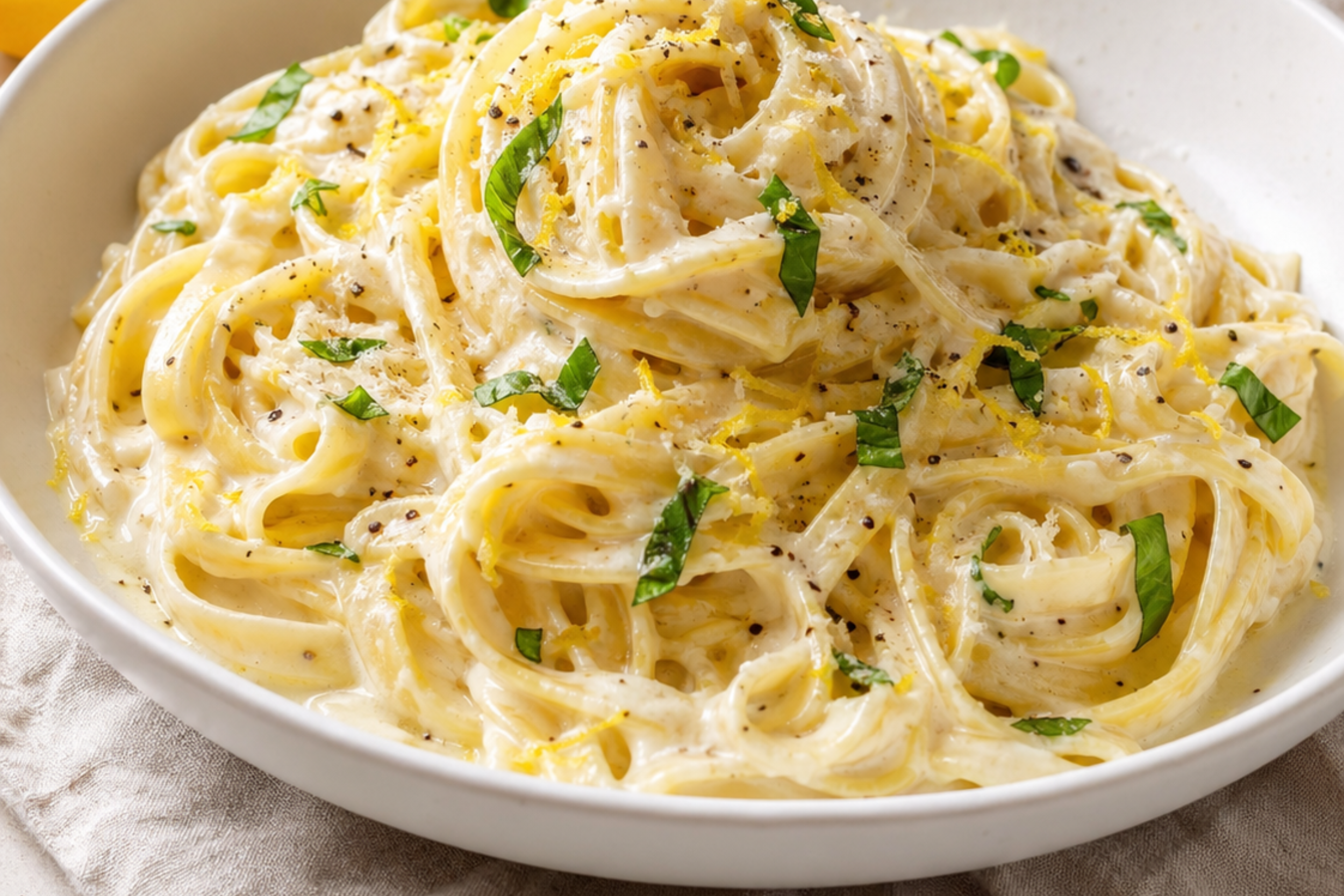 Creamy lemon ricotta pasta with silky noodles, parmesan cheese, lemon zest, black pepper, and fresh herbs served in a white bowl.