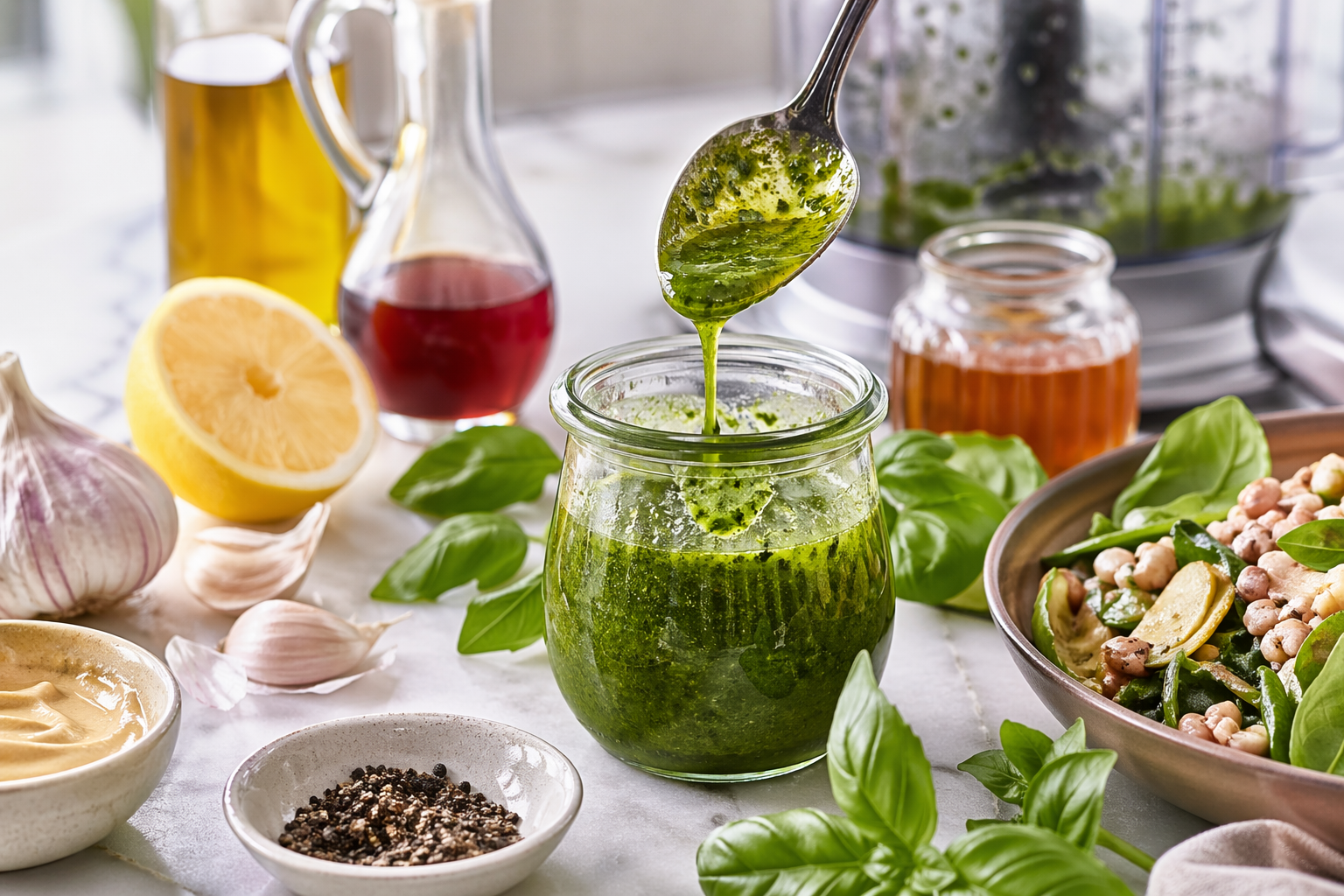 Homemade basil vinaigrette in a glass jar with fresh basil, lemon, garlic, olive oil, and honey, served with a fresh salad