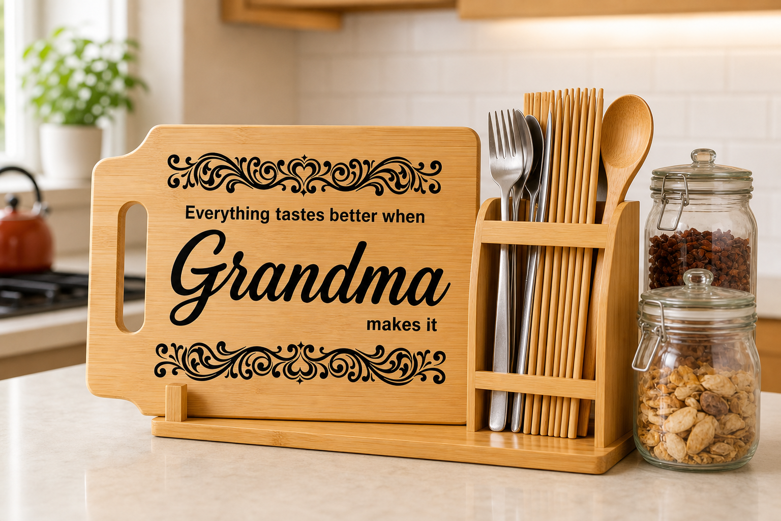 Personalized Grandma bamboo cutting board with engraved message and floral border