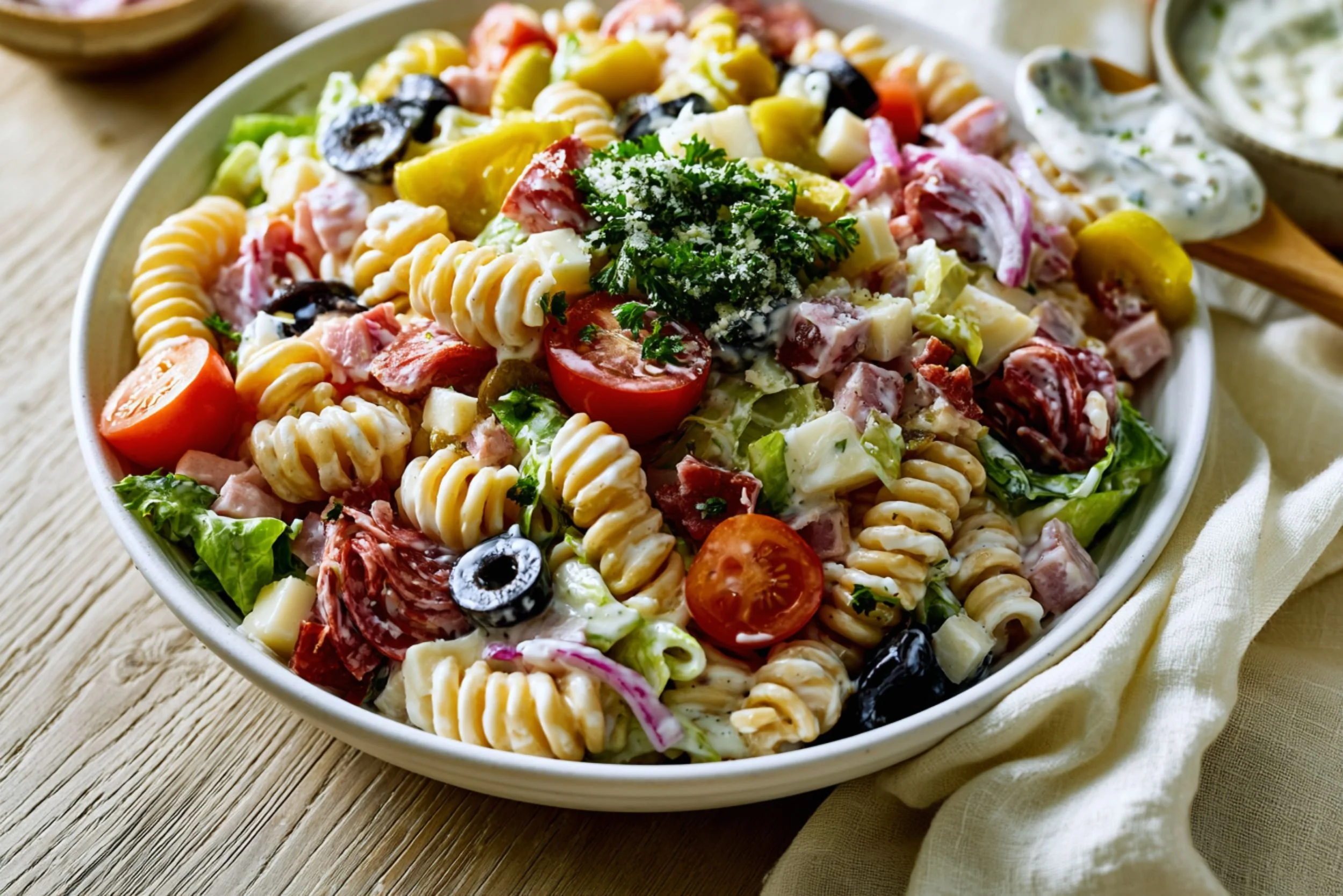 Italian grinder pasta salad in a large white serving bowl with rotini, salami, pepperoni, ham, provolone, mozzarella, cherry tomatoes, banana peppers, black olives, red onion, and shredded iceberg lettuce tossed in creamy Italian dressing