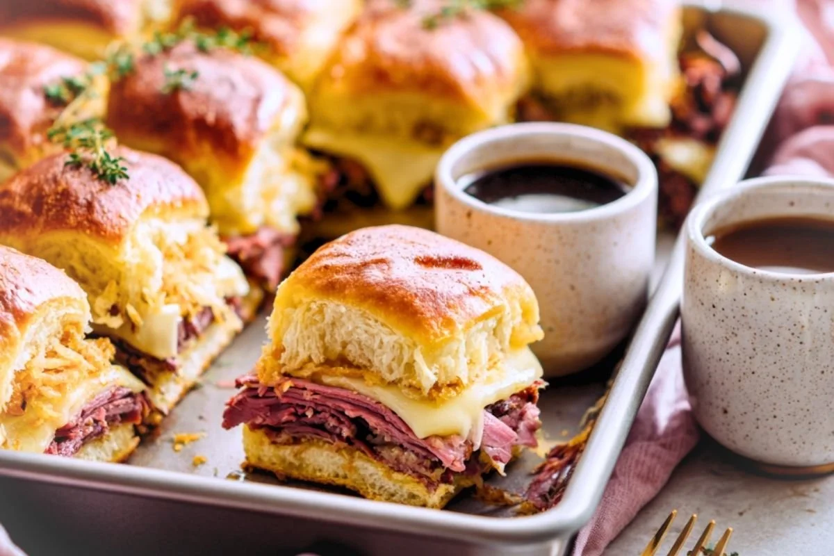 French dip sliders with crispy onions and melted provolone in a baking pan beside cups of au jus and horseradish sauce
