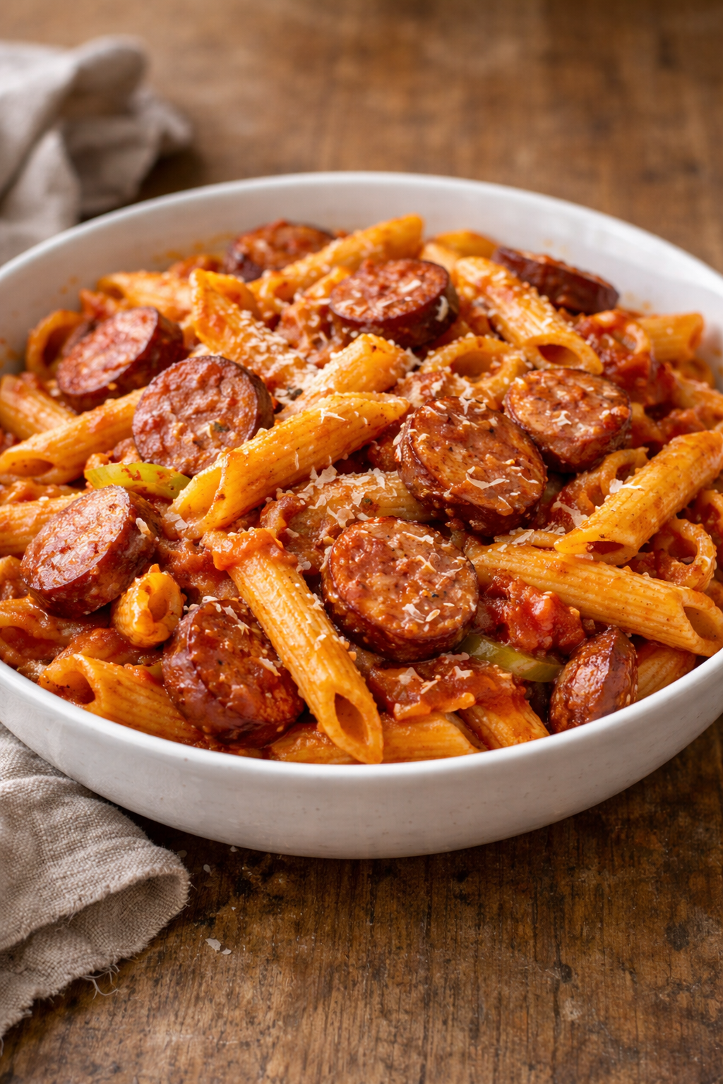 Kielbasa tomato pasta with penne, smoky sliced sausage, and a rich tomato sauce, topped with parmesan in a hearty one pot dinner