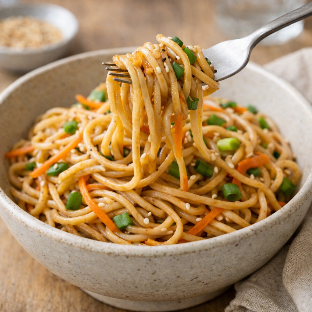 Cold sesame noodle salad with shredded carrots, green onions, and sesame seeds in a ceramic bowl, with a fork lifting a natural twirl of noodles coated in sesame peanut sauce