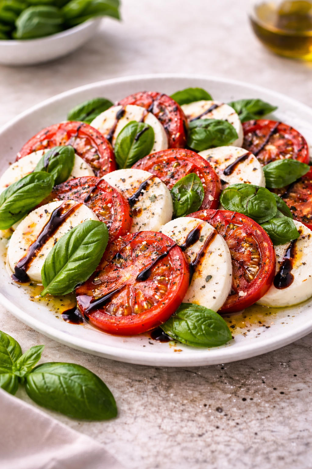 Classic caprese salad with fresh tomato slices, mozzarella, basil, olive oil, and balsamic glaze on a plate