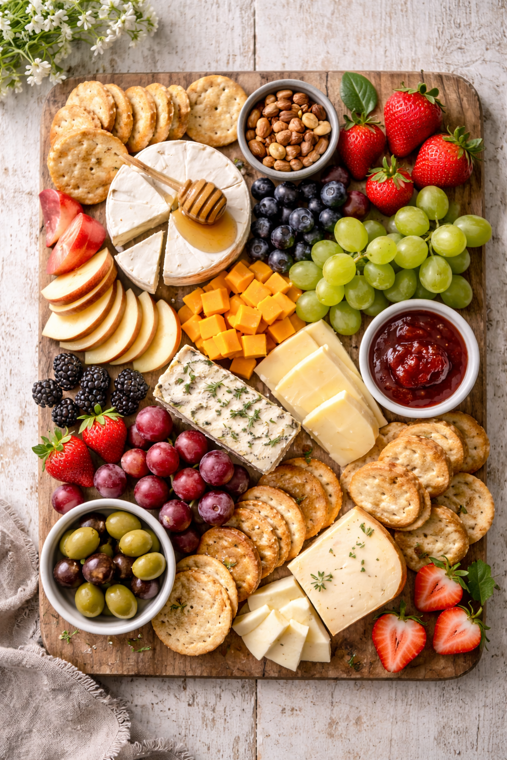 Overhead view of a spring charcuterie board with assorted cheeses, strawberries, grapes, crackers, nuts, and jam
