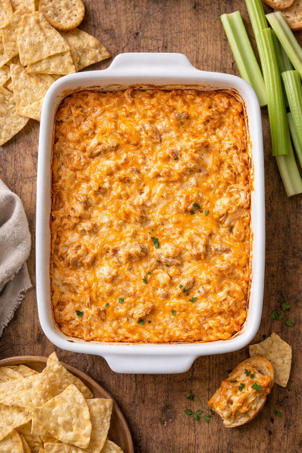 Creamy buffalo chicken dip with melted cheese and shredded chicken serve