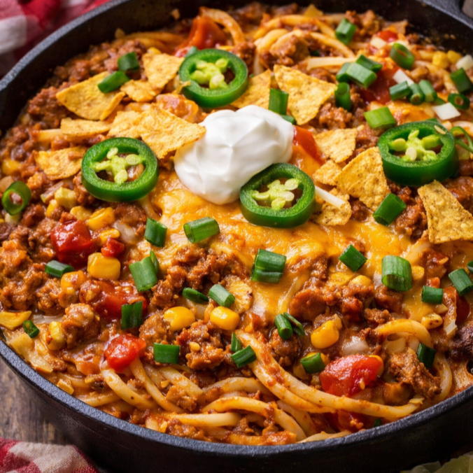 Taco dirty spaghetti with ground beef, cheese, jalapenos, and tortilla chips in a skillet, easy one pot family dinner under $10