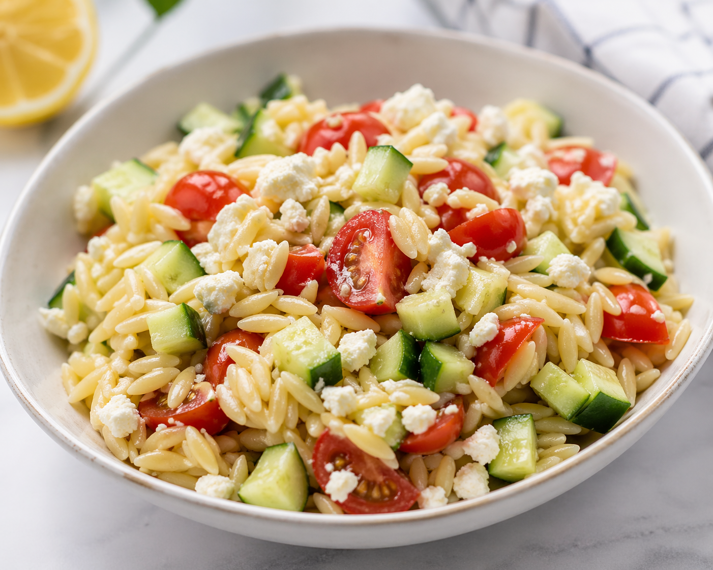 Fresh lemon orzo salad with cucumber, cherry tomatoes, and crumbled feta in a white bowl, lightly dressed with olive oil and lemon juice