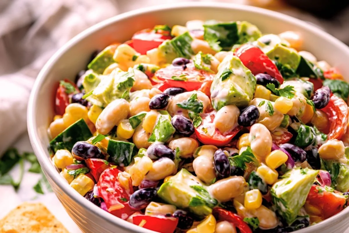 A tortilla chip scooping creamy cowboy caviar loaded with beans, corn, diced avocado and red onion